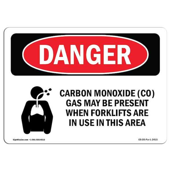 Safety Sign, OSHA Danger, 3.5" Height, 5" Width, Carbon Monoxide (CO) Gas May, Landscape, 10PK